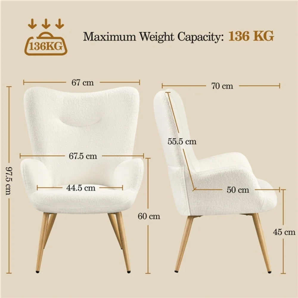 Yaheetech Bouclé Accent Stoel / Fauteuil 67,5x70x97,5 cm – Sfeervol Ivoor – Polyester Bouclé en Metaal