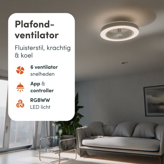 Avacy Plafondventilator met Verlichting - Plafondlamp Ventilator - Plafonniere - LED RGBW - Tuya Wifi Smart - Afstandsbediening - ⌀ 50cm - Wit