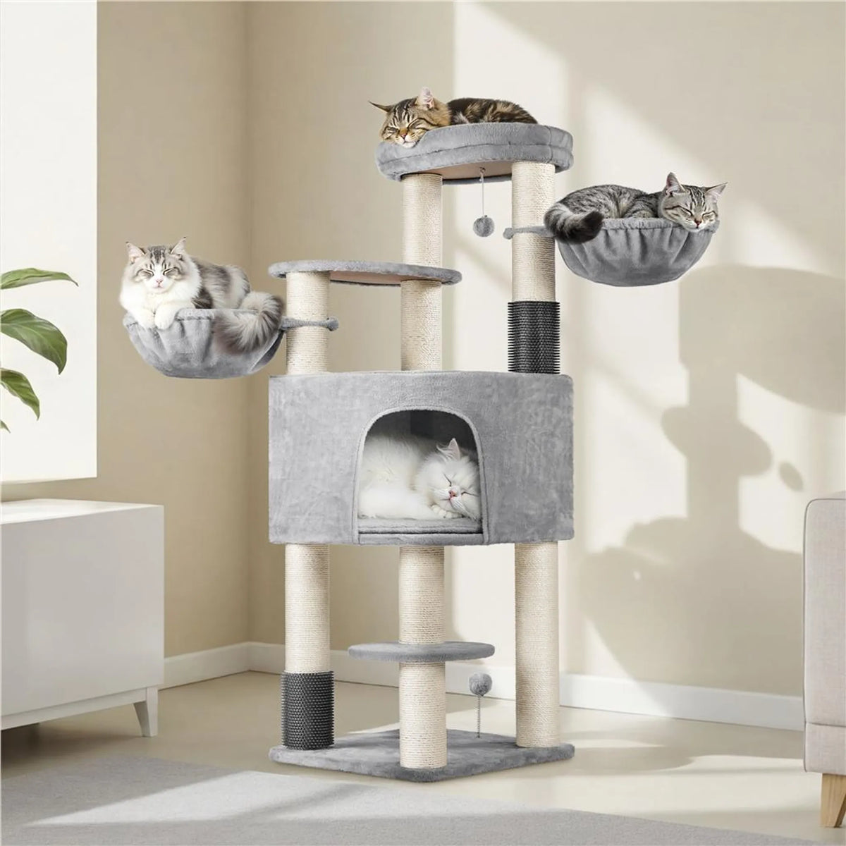 Yaheetech Krabpaal 160 cm H - ⌀11 cm Sisalstammen, Platforms & Kattenholen - Lichtgrijs & Beige
