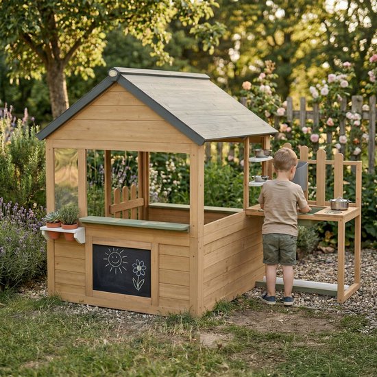 AXI Lizz Speelhuis Bruin/antraciet – Houten Speelhuisje met Speelkeuken, Krijtbord, Spiegel, Bloempotten en accessoires – FSC hout – Tuinhuisje voor Kinderen – 10 jaar garantie