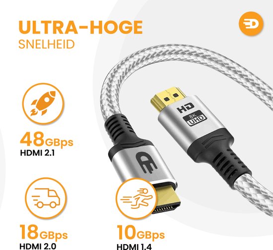 HDMI Kabel 2.1 - Ultra HD High Speed - HDMI naar HDMI - Geschikt voor Xbox Series X & PS5 - 1 meter - Nylon - Zilver Wit