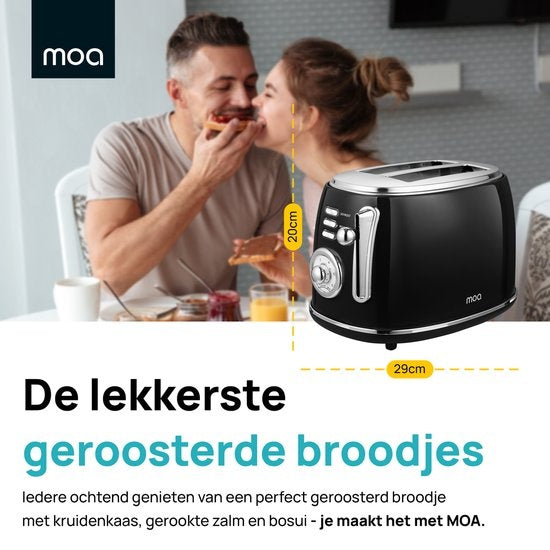MOA Retro Broodrooster - 6 Warmteniveaus - 2 Extra Brede Sleuven - 850W - Reheat en Ontdooi-functie - Zwart - T3B