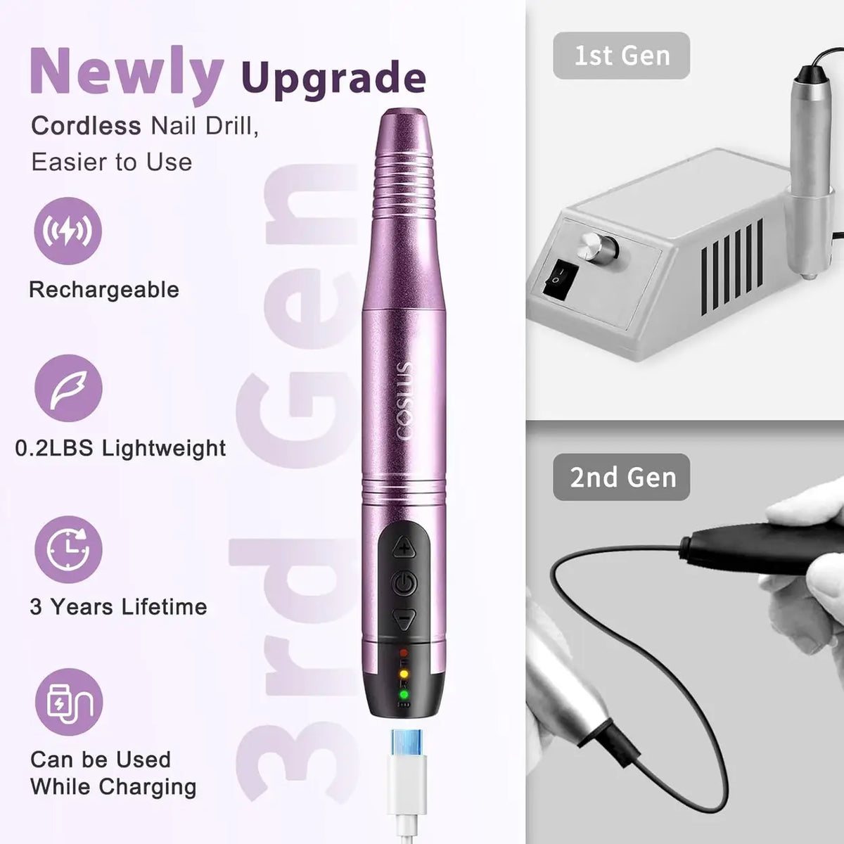 COSLUS Cordless Nail Drill Electric File: Professional for Acrylic Gel Dip Powder Nails Portable Nail Drill Machine Kit for Manicure Pedicure Nail Set with Everything Rechargeable Lightweight