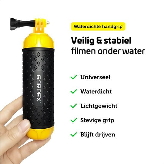 Garpex® Drijvende Handgrip - Drijvend Statief - Universeel - Geschikt voor alle action camera - Selfiestick - Inclusief verstelbare polsband en duimschroef