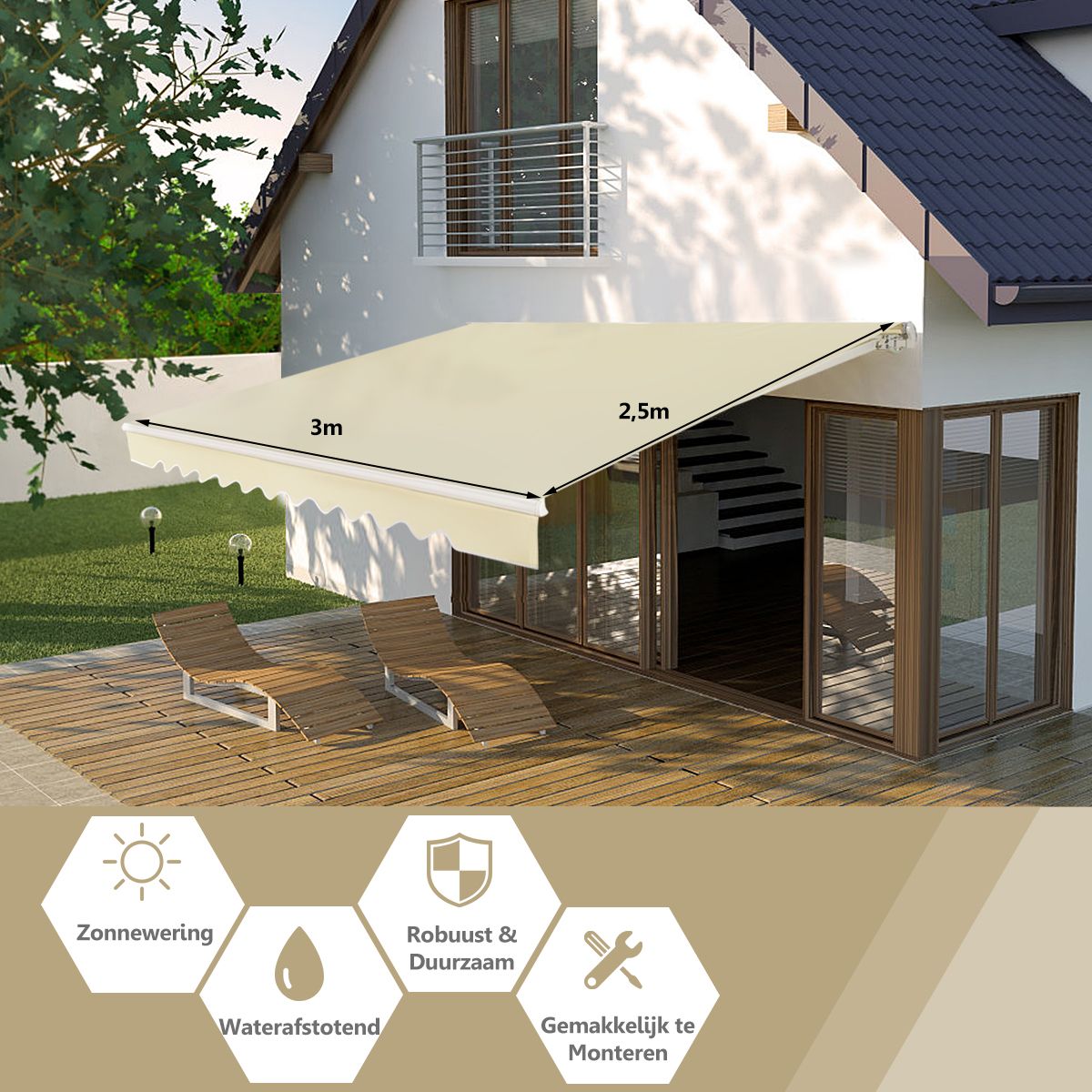 Coast Zonnescherm Terras Uitschuifbaar met Zwengel – 3 x 2,5 m – Beige