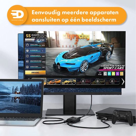 Drivv. HDMI Switch - 2-in-1 uit / 1-in-2 uit – Bi-directioneel – Ondersteunt 720p/1080p/4K/3D - Zwart