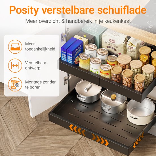 Posity Schuiflade – Keukenkast Organizer – Gootsteenkast/Lade Organizer - binnenlade keuken – Uittrekbaar en Verstelbaar (32-52 cm) – Telescopisch – Zwart