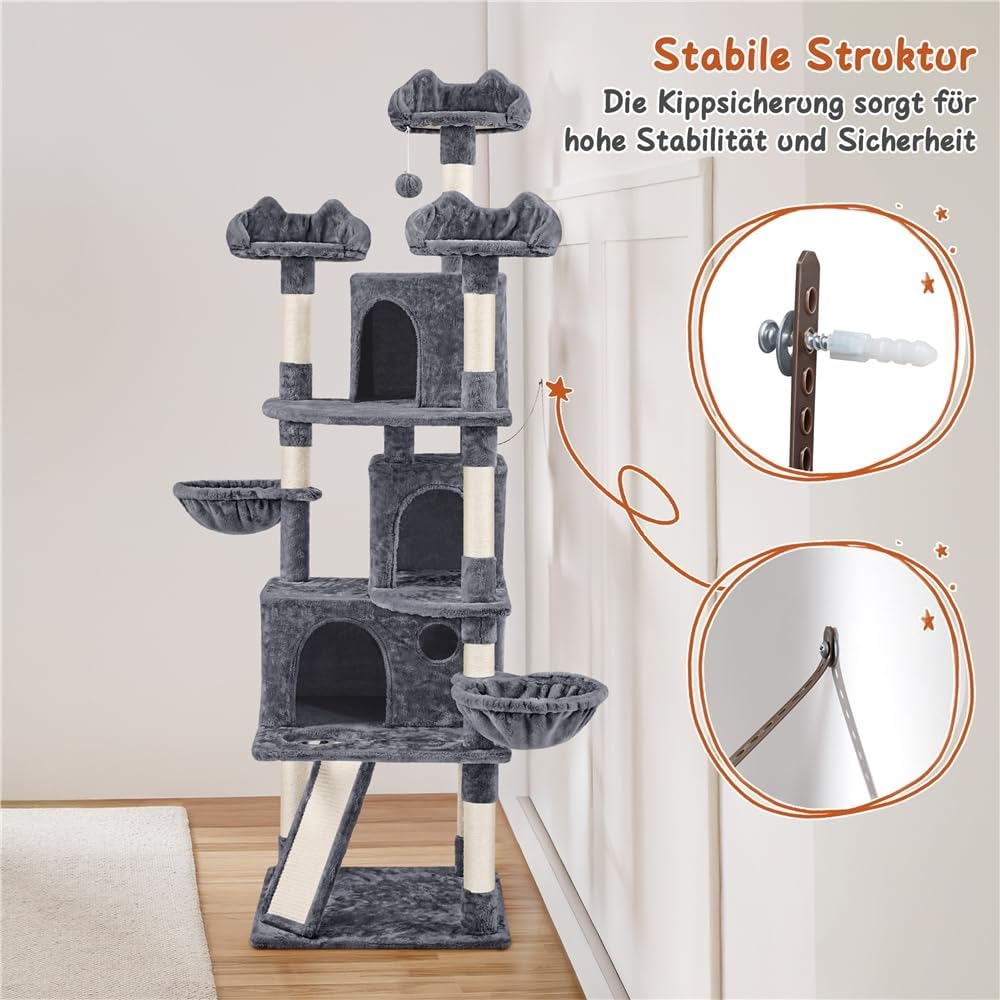 Yaheetech krabpaal voor katten - 3 kattenhuisjes - 194 cm hoog - donkergrijs