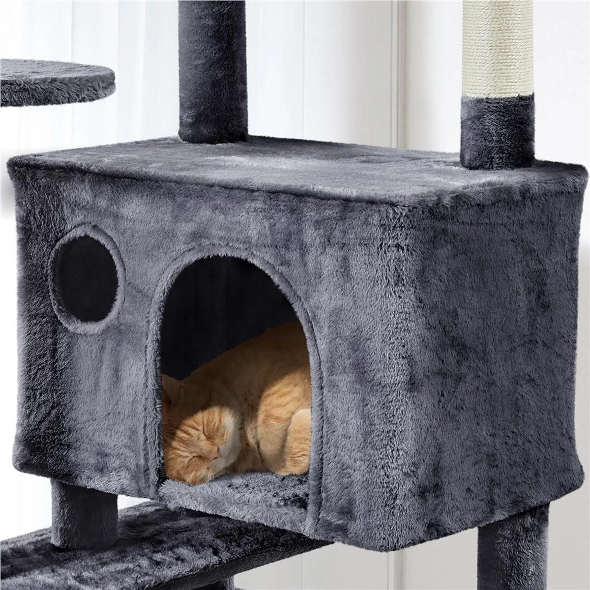 Yaheetech Krabpaal XXL Met Twee Kattenmanden – Voorzien Van Klimhelling En Ligkussen In Kattenoorvorm En Hangende Speelballen – Voor Huishoudens Met Meerdere Katten – Donkergrijs Pluche En Sisal – 59,5 x 55 x 202,5 cm