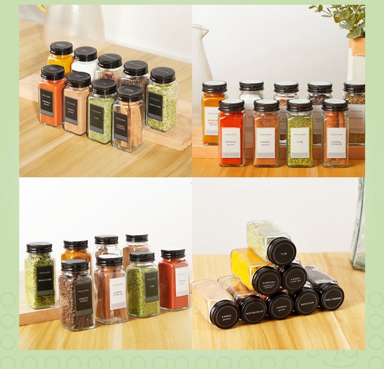 S.old - 24 Glazen Kruidenpotjes vierkant met Deksel Zwart - Kruidenstrooier - Complete set met Strooideksels, Voorbedrukte Stickers en Trechter - Inhoud 120 ml - 10,5 x 4,3 cm