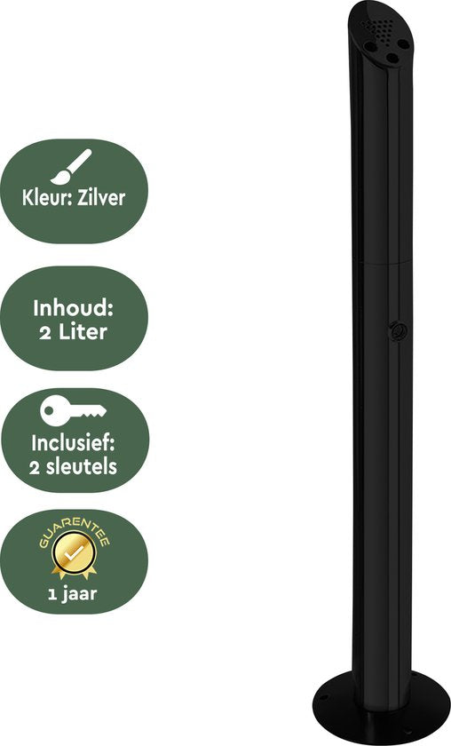BRASQ Asbak Staand Zwart - 2 liter inhoud - Rookpaal, Peukenzuil - 21x21x92 cm Staande asbak voor binnen en buiten
