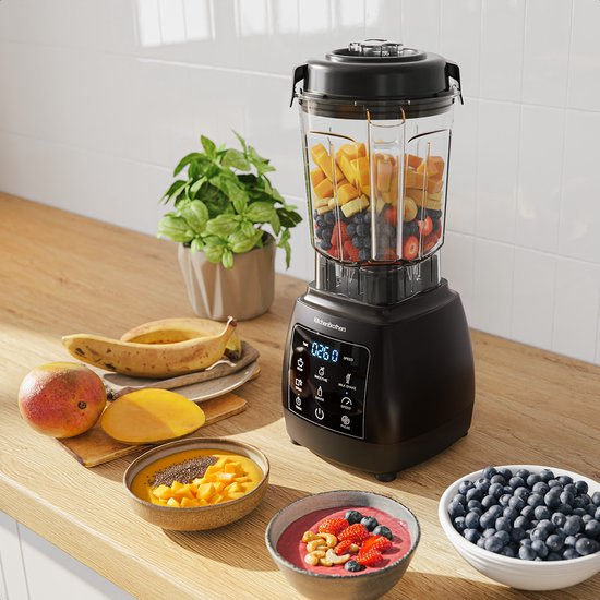 KitchenBrothers 2-in-1 Power Blender - 1600W - BPA-vrij - 2L - Complete Set met Hakmolen en To-go Beker - Smoothie Maker - IJscrusher - Zwart