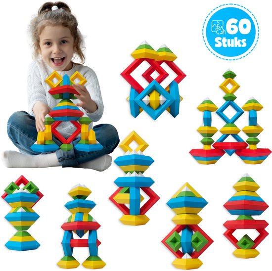 MontiPlay® Build Buddies - 60 Stuks Blokkentoren - Educatief Montessori Speelgoed - Stapelstenen & Blokken - STEM & Sensorisch Peuterspeelgoed - Vanaf 3 Jaar - Kinderspeelgoed - Bouwblokken - Speelgoedboek 2024