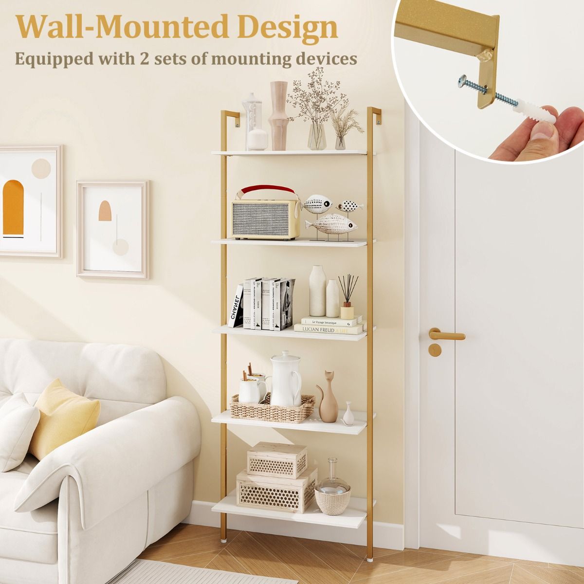 Coast Boekenrek met 5 Planken - Wandgemonteerd - Metalen Frame - Wit en Goud
