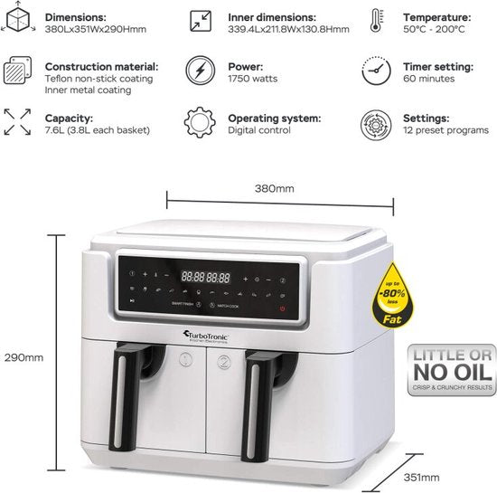 TurboTronic AF118 Dubbele Airfryer XXL - Digitale Heteluchtfriteuse - Dubbele mand - 7,6 Liter - 2x 3,8L - 12 programma's - Touchscreen - Wit