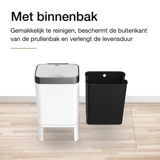 Loftey Prullenbak 60 Liter – Push/touch Afvalbak - Duo Afvalemmer met binnenbak - Vuilbak 2 Vakken - Afvalscheiding 2x30L - Keuken - Wit/RVS