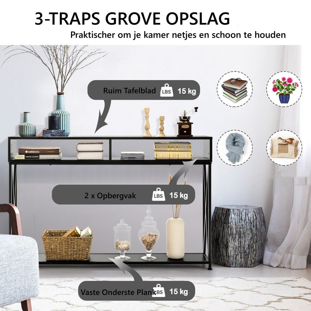 Coast Console Tafel - 2 Opbergvakken 1 Open Plank - 120 x 23 x 79 cm - Zwart - Staal+Hout