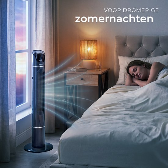 tectake® Grote Ventilator met Afstandsbediening - 110 cm - Oscillerende Ventilator met 3 Snelheden - Torenventilator - Stille Staande Ventilator met Verschillende Windmodi + Timer - Luchtkoeler - Zwart