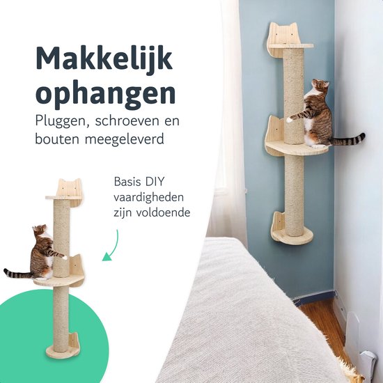 Katten klimmuur - Krabpaal - 2 Plateaus - Katten klim wand - Muur - Klimmuur kat - Voor grote katten - Klimwand - complete set
