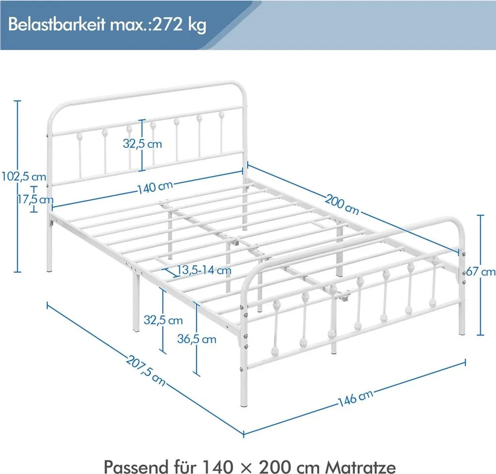 Yaheetech Metalen Bedframe 140 x 200 cm - Wit - Tweepersoonsbed met Lattenbodem en Hoog Hoofdbord