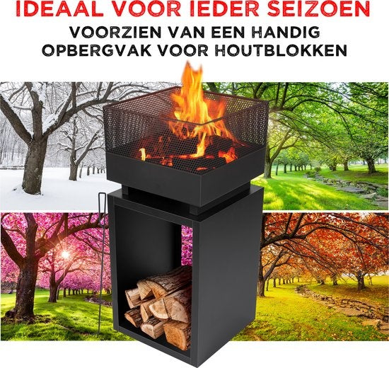 BBQ Collection Vuurkorf – Met Vonkenscherm & Houtopslag – 39 x 39 x 85 cm – Zwart