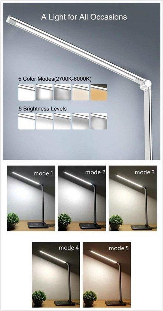 Fuegobird EK009 LED Bureaulamp - Draadloos Oplaadfunctie - Kantelbaar - Zwart