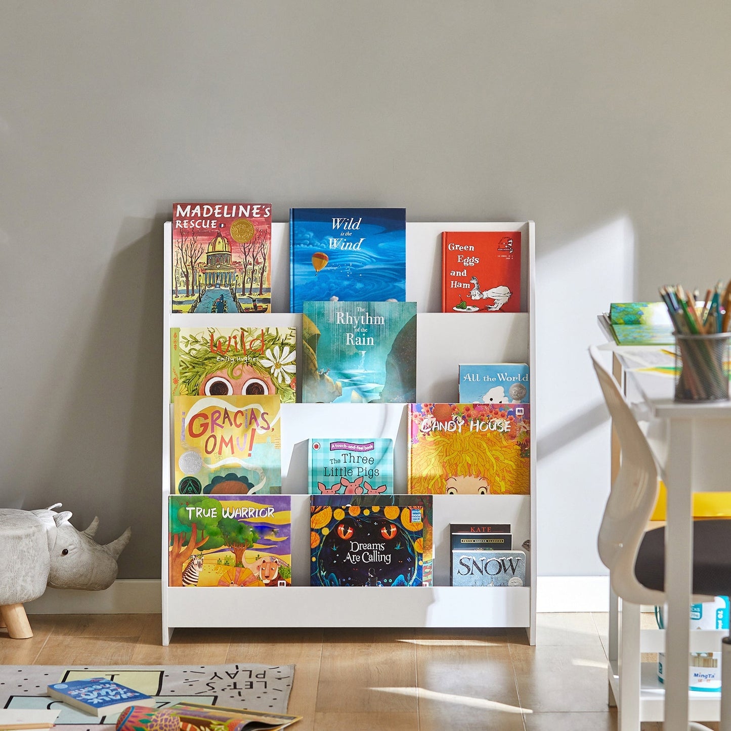 SoBuy Kinderboekenplank - 4 Opbergvakken - Wit - 80x30x88 cm