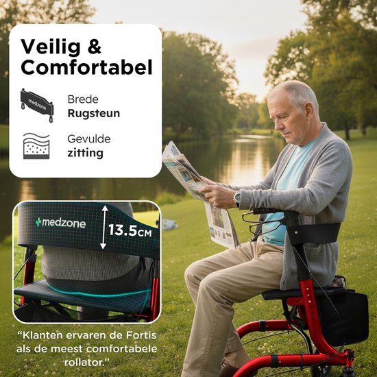 Medzone Rollator Lichtgewicht en Opvouwbaar - Zitfunctie - Binnen en Buiten - Rugleuning en Wandelstok Houder - Champagne - Rood