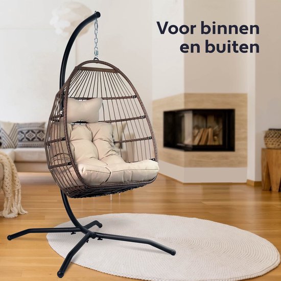 Vita5 Egg Hangstoel – Voor Binnen en Buiten – tot 150kg – Opvouwbaar - Incl. Standaard & Kussen – Cocoon Stoel - Crème Wit