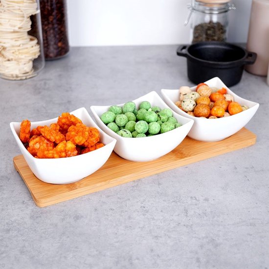 Excellent Houseware - Serveerplank/borrelplank- hapjes/saus/tapas - porselein - incl. 3x schaaltjes