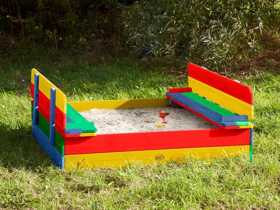 AXI Ella Houten Zandbak in Regenboog kleuren - Met Zitbankjes en Deksel - FSC hout - 100x95x20cm - Zandbak voor kinderen