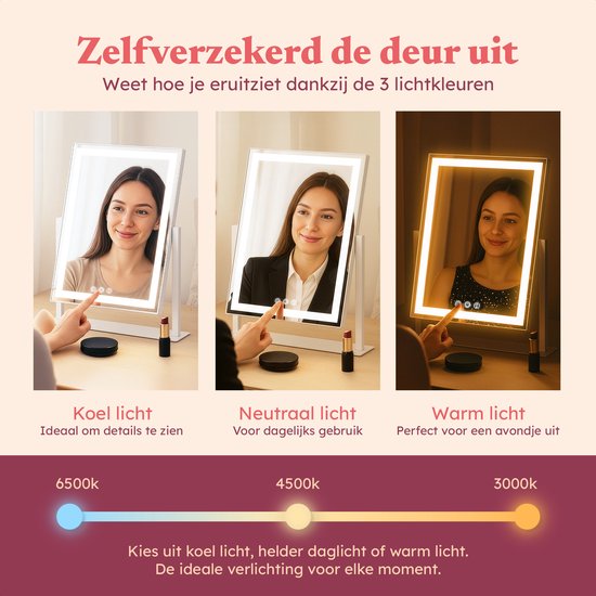 Fraay® Hollywood Spiegel met Verlichting 41x30cm - 3 Lichtstanden - Make Up Spiegel met 10x Vergrootspiegel - LED Strip Verlichting Dimbaar - Incl. Beauty Blenders en Powder puff