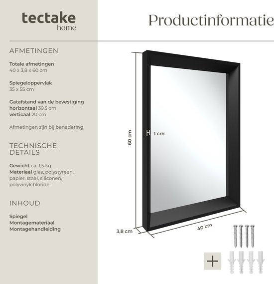 tectake® - Wandspiegel Elina - Badkamerspiegel - Rechthoekige spiegel met stevige kunststoflijst - 40x60 cm - Spiegel voor de badkamer, woonkamer of slaapkamer