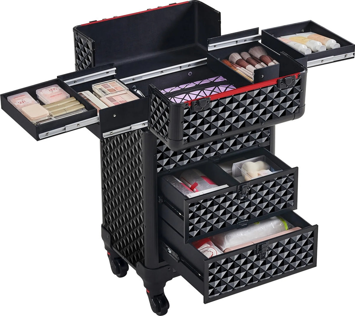 Yaheetech Make-up Koffer Verrijdbaar – Voorzien Van 2 Lades En Uitschuifbare Handgreep En Diamantvormige Decoratie – Voor Visagisten En Nagelstylisten – Zwart Metaal En MDF – 34,5 x 24,5 x 58 cm