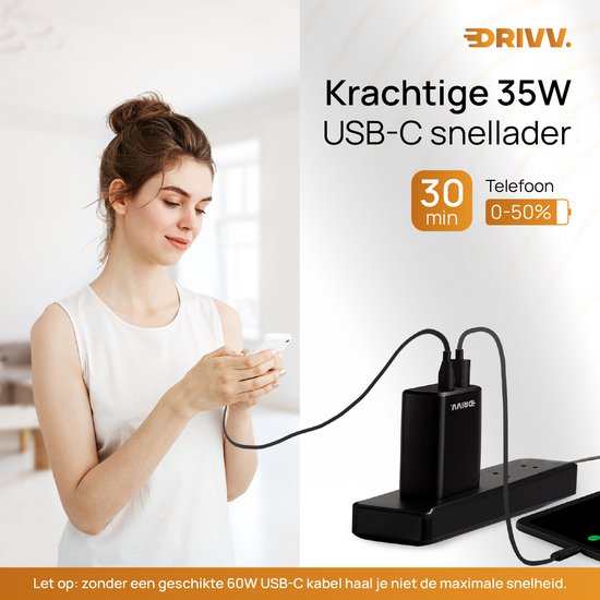 Drivv. USB C Oplader 35W - 2 in 1 Snellader - USB C & USB A aansluiting - Adapter