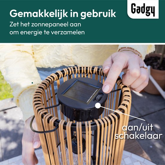 Gadgy Solar Tuinverlichting op Zonne-energie – Rotan Lantaarn voor Buiten – Hanglamp of Tafellamp – Spatwaterdicht – Sfeerverlichting voor Tuin, Balkon of Terras - Bruin – Ø17 x 41 cm – Dag/Nacht Sensor