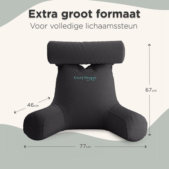 Cozysense® - Leeskussen - Leeskussen voor in Bed - Bookseat - Ergonomisch Zitkussen met Boucléstof - Boekkussen - Lees Kussen - Groot Formaat Steun voor Rug, Nek en Armen - Relax Kussen - Verstelbare Vulling - CertiPUR® - Afneembare Hoes - Grijs