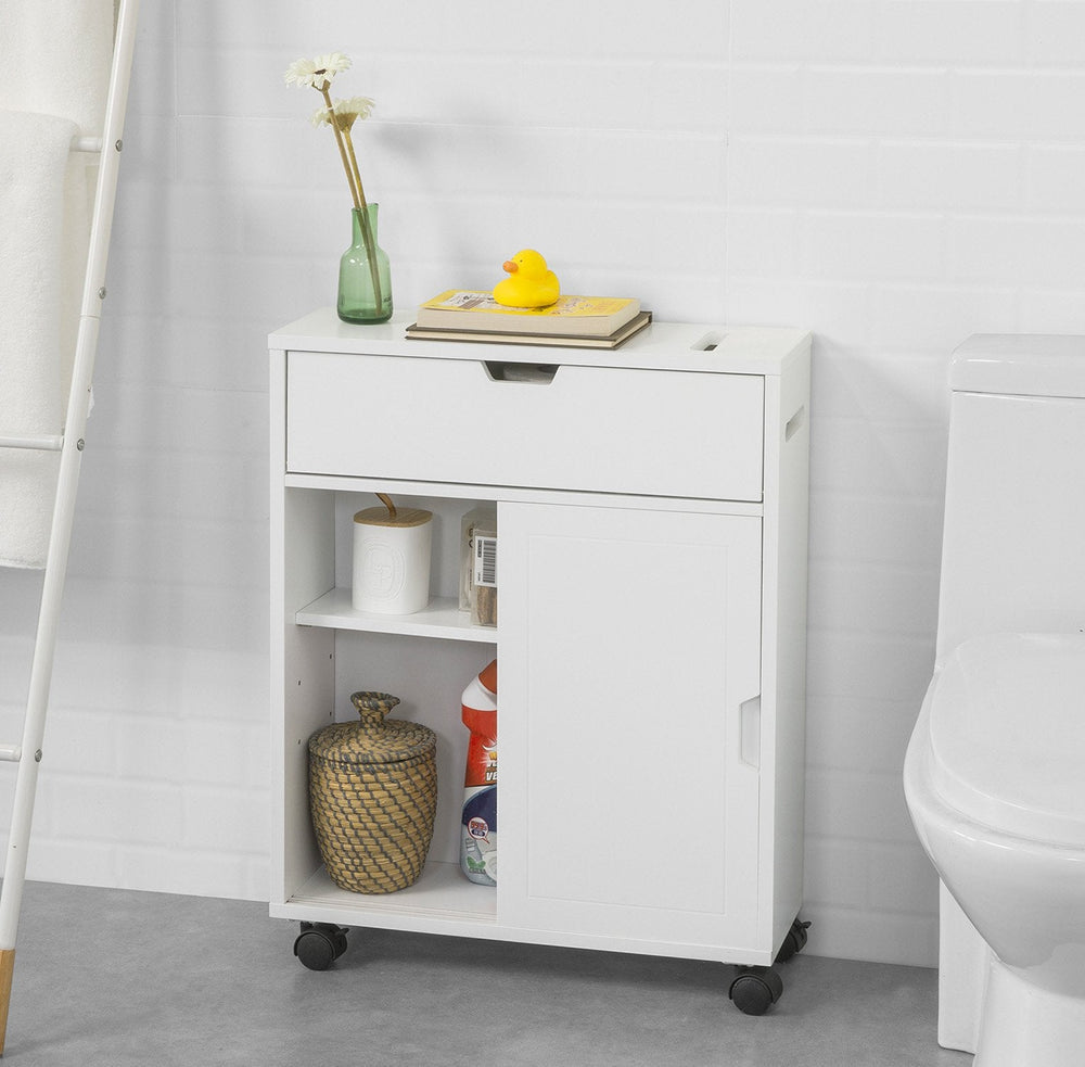 SoBuy BZR31-W Badkamerkast Met 2 Schuifdeuren en Lade - Met Wielen - 67 x 52 x 17 cm - Wit