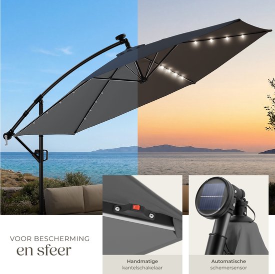 tectake® Zweefparasol met Voet - 3,5 x 3,5 m - Tuinparasol met LED-Verlichting op Zonne-Energie - Draaibaar - Waterafstotend Polyester met UV-Bescherming - Inclusief Hoes - Grijs