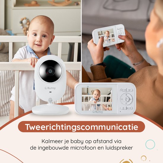Numsy Babyfoon – Met Camera, Nachtzicht & Terugspreekfunctie – 300 m bereik – 10 x 10 x 4 cm – Wit