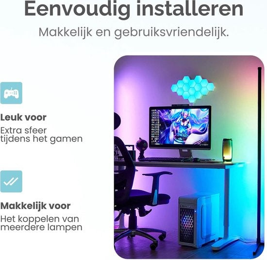 Gologi Slimme Vloerlamp LED - Hoeklamp - Industrieel - Staand - Woonkamer - Dimbaar - RGBW - Met App - Zwart