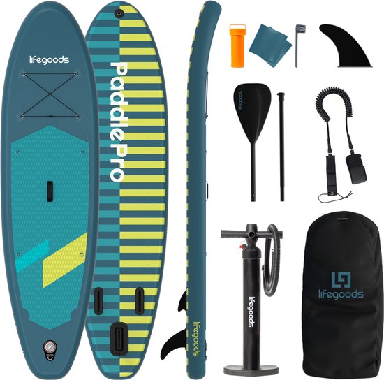 LifeGoods SUP Board Allround Compact - 100 KG Draagkracht - 300 x 76 cm - Opblaasbaar - Compleet SUP pakket - Cyaan/Donkergroen