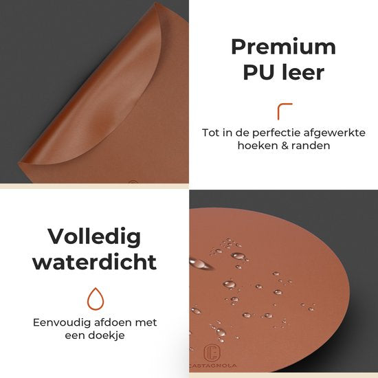 Castagnola Lederlook Placemats - Ronde Placemats - Antislip Placemat van Kunstleer - Waterafstotende Onderlegger - Onderzetter - 6 Stuks - Diameter 38 cm - Bruin