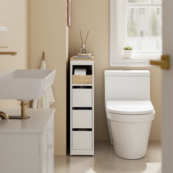 SoBuy Toiletkast 20 cm, badkamerkast met 3 laden, kleine toiletpapierkast, mobiele plank voor badkamer, toilet en keuken, wit, 60 x 20 x 82,3 cm