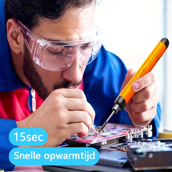 Tech Essentials Draadloze Soldeerbout - 8W - USB-C - Met Tin - Kit - Fijnsoldeerwerk - Pen - Accu - Soldeerset - Solder - Elektrisch Gereedschap - Oranje