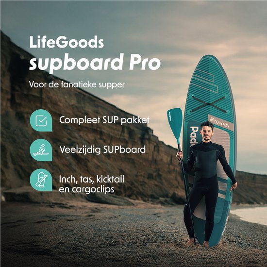 LifeGoods PaddlePro SUP Board Pro - Pro Set - Opblaasbaar Paddle Board - Max. 150KG - 320x81cm - Diep Aqua