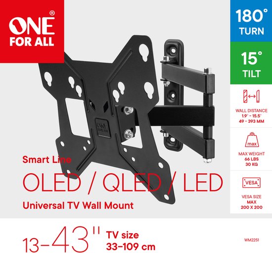 One For All WM2251 Smart-line TV beugel - draai- en kantelbaar - 13-43 inch - max. 30 kg - VESA 200