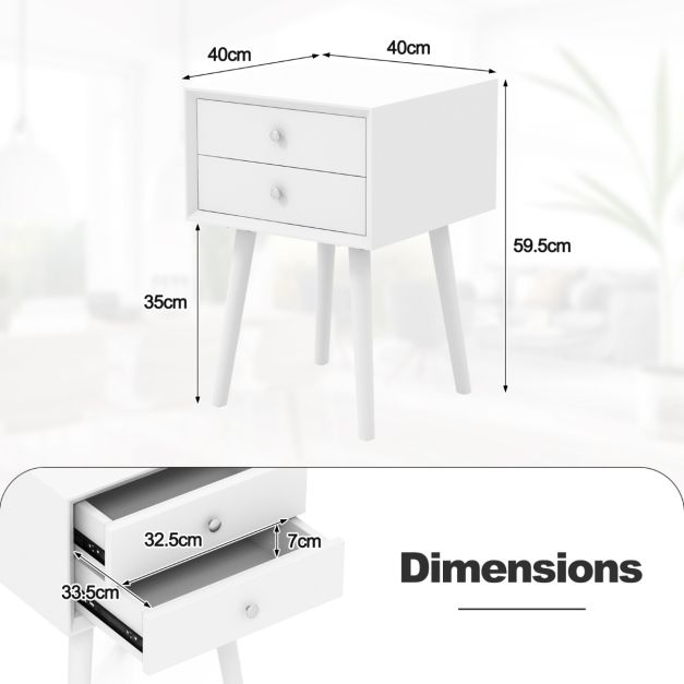 Nachtkastje Wit 40x40x59,5 cm – Houten Bijzettafel met 2 Laden en Verhoogde Poten – Coast