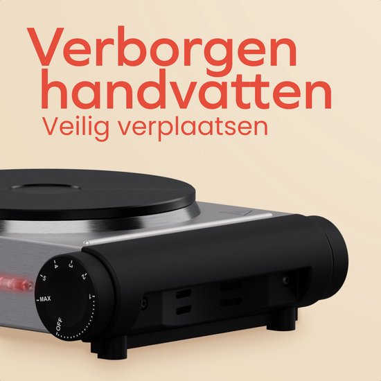 KitchenBrothers Elektrische Kookplaat - 1 Pits - Vrijstaand - 7 temperatuurstanden - 1500W - RVS/Zwart