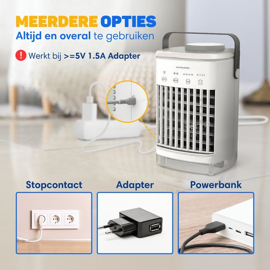 Vulpes Goods® Tech - Mini Airco PRO - Mobiele Airco - Luchtkoeler 4in1 - Aircooler - Tafelventilator - 4 windsnelheden, 2 luchtbevochtingsstanden & timer - Lekvrij - Wit